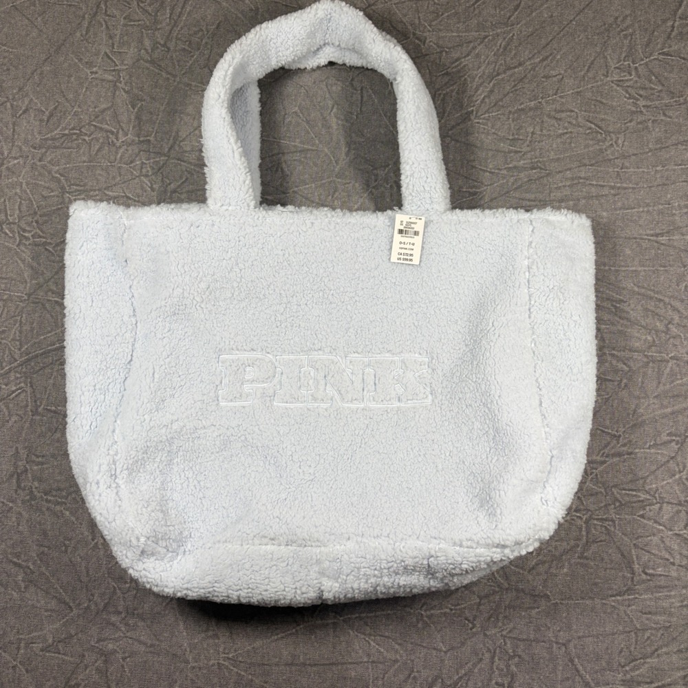 PINK Tote Bag Women One Size Blue Sherpa Fleece Logo Teddy Zip Shoulder Bag